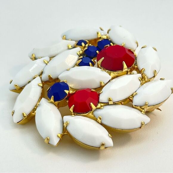 Vintage Red White & Blue Opaque Rhinestone Brooch | Prong Set, Gold Tone, Round - Picture 3 of 8